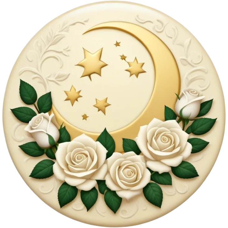 A round cream button with a full damask style moon and white roses in the center emoji