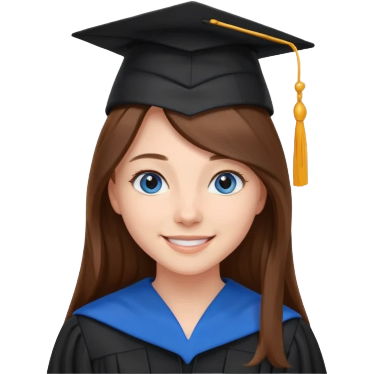 school graduation with a pretty female graduating student with long brown hair, blue eyes emoji