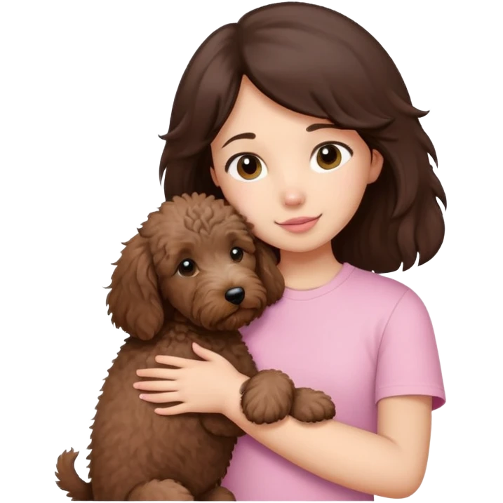 One girl with medium long dark brown hair dressing baby pink T-shirt, hugging One little brown coated labradoodle. emoji
