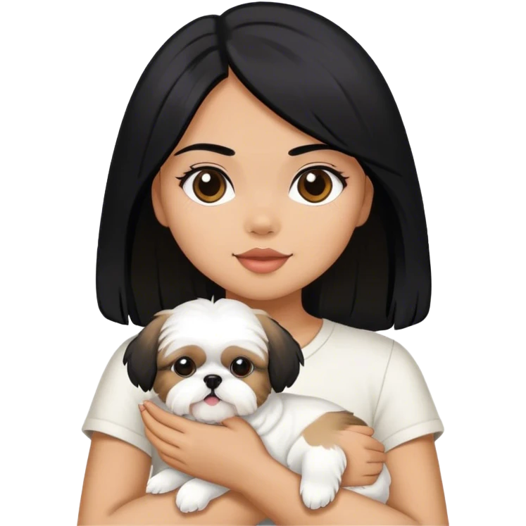 A girl with black hair and tan skin, holding a white Shih Tzu dog. emoji