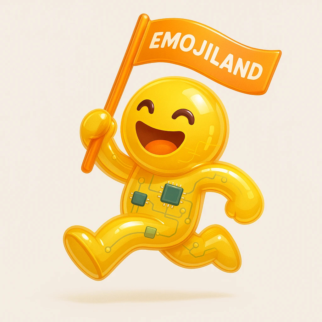 happy runner waving a flag that says 'emojiland' emoji
