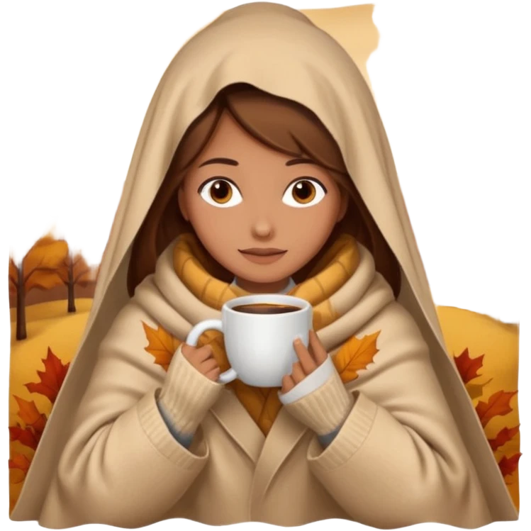 brown hair woman sitting under beige blanket, with a blanket over his head, holding cup of coffee, autumn mood emoji