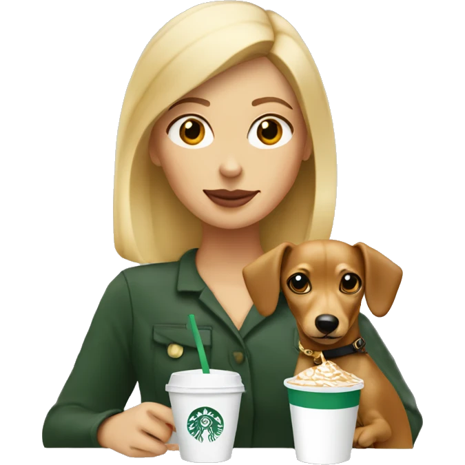 Blonde woman and chiweenie drinking Starbucks emoji