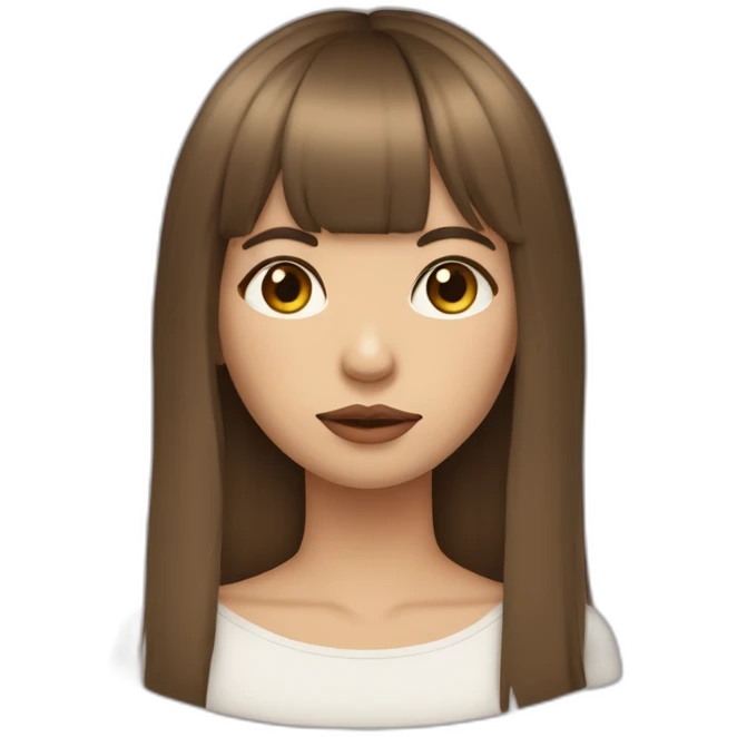 long brown hair skinny girl with curtain bangs, thin face and makeup from head to chest emoji