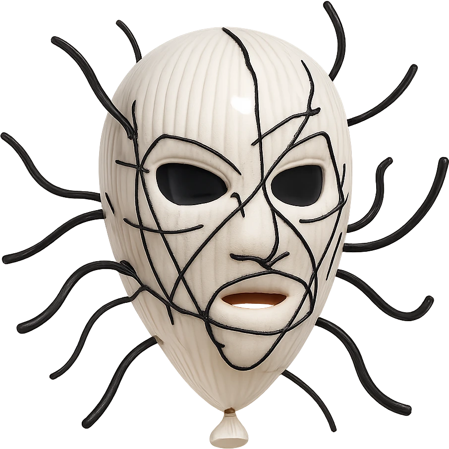 The mask is a full-head, white knitted balaclava with a tight ribbed texture. It features two asymmetrical eye openings and a partially exposed mouth area. Black thread is stitched across the surface in chaotic, abstract lines that trace facial features, giving a hand-drawn effect. Several black cords extend outward from the mask, varying in length and direction, adding a sculptural, almost organic appearance. The overall look is bold, handcrafted, and visually striking. emoji