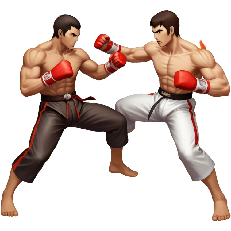 An icon showing two fighters in an intense battle, inspired by Tekken. The design features dynamic poses with powerful punches and kicks, surrounded by a vibrant, action-packed background. The characters are detailed, with glowing effects highlighting their strength. Transparent background. emoji