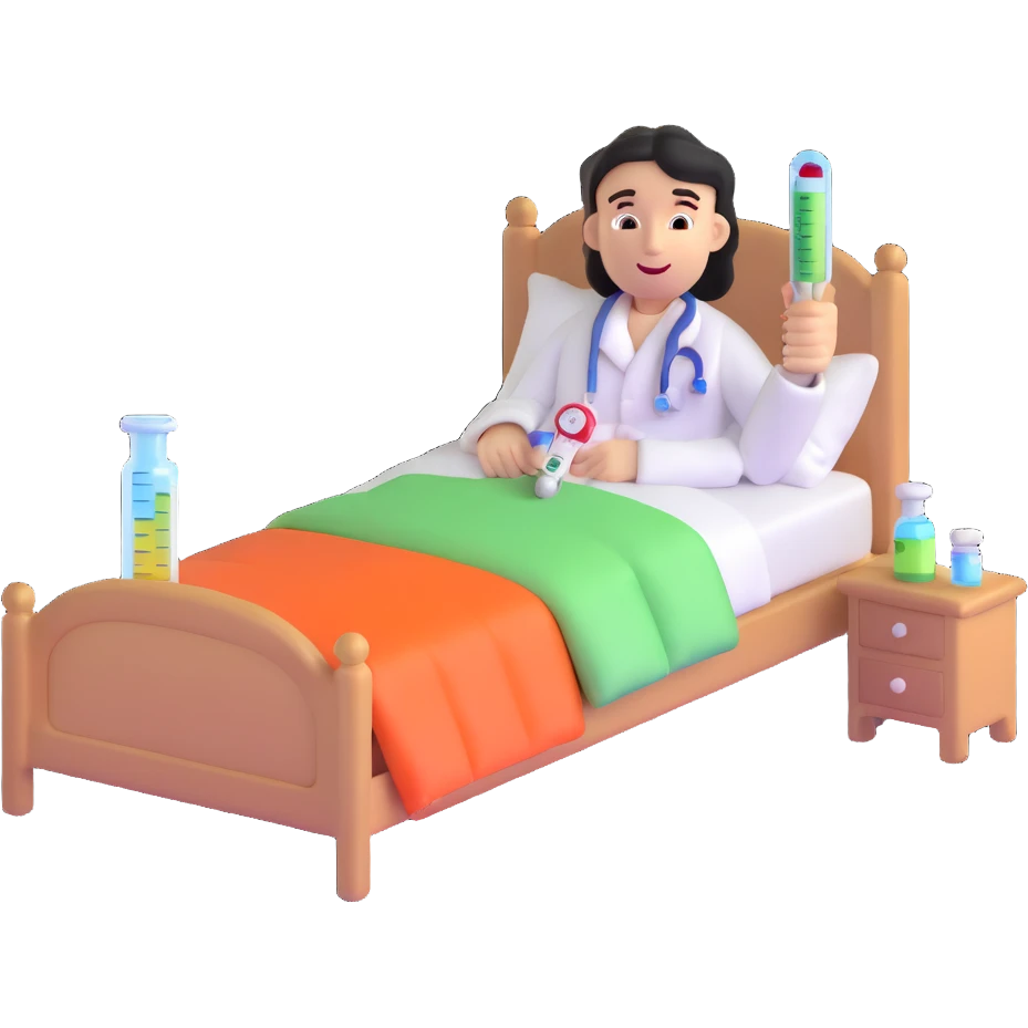 character in bed with thermometer and medicine emoji