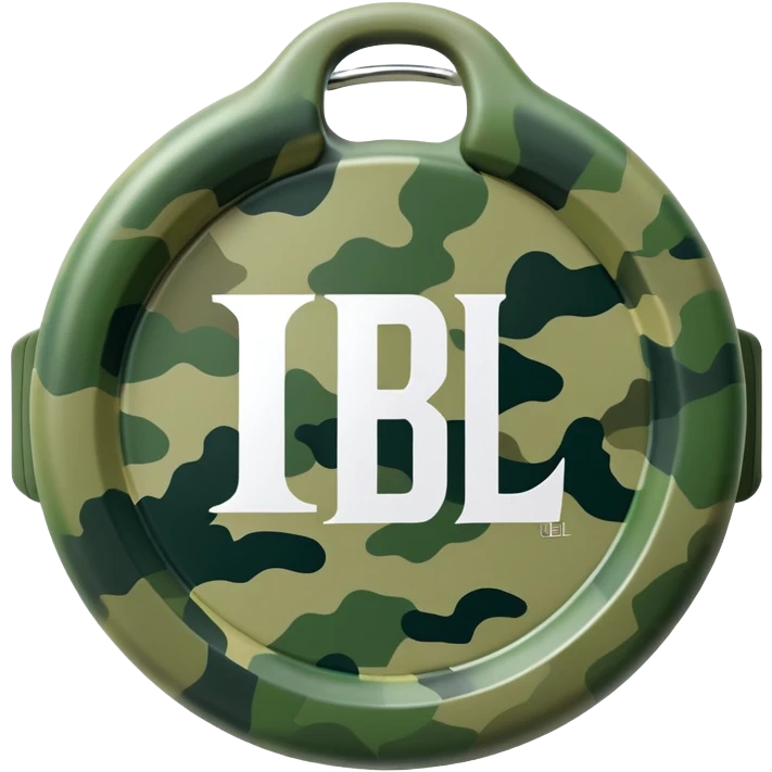 Extremely simple JBL Clip 4, clean circular form with hook, just 2-3 green camo elements, prominent JBL logo, iOS emoji style emoji
