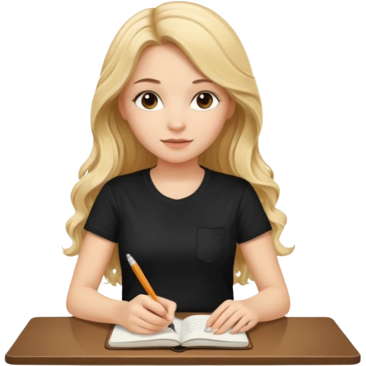 A beautiful blonde with long wavy hair in a black T-shirt sits and writes in a diary with a brown pen. emoji