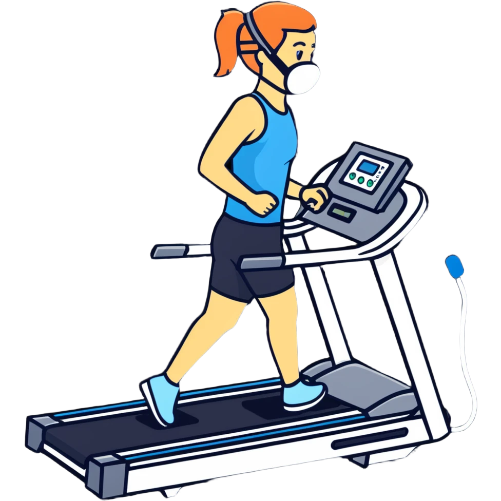 Runner on treadmill wearing oxygen consumption mask with tubes and sensors, VO2 max test in progress emoji