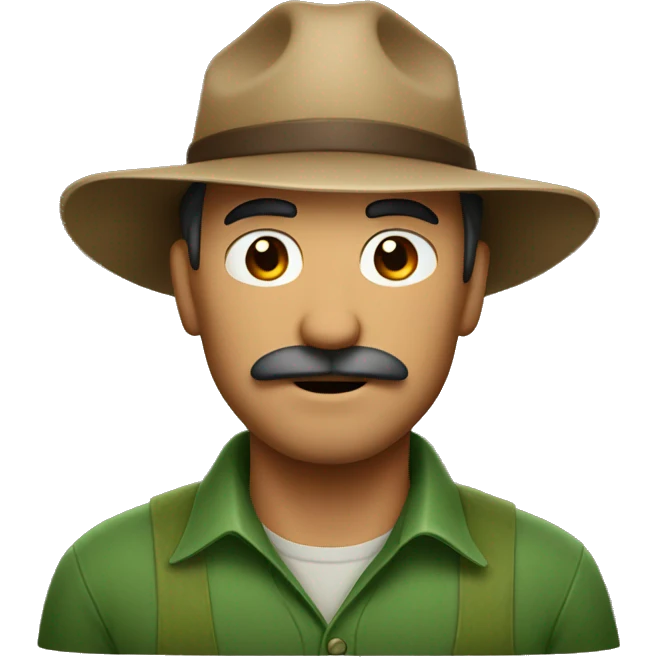 a man with a thin mustache wearing a brown farmer's hat. His job is a farmer and he wears green clothes. emoji