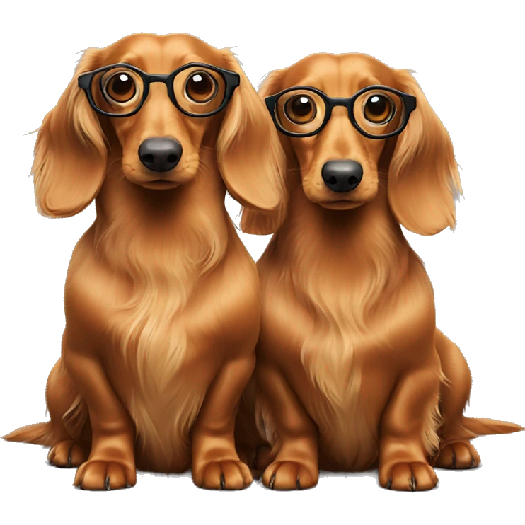 Two long haired Dachshunds together wearing glasses emoji