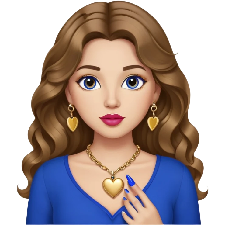 Light skinned girl, long wavy brown hair center-part with face framing pieces, big hazel eyes, gold heart necklace and earrings, royal blue long sleeve top, prominent blush, sassy, big lips, fancy long acrylic nails done, holding lipstick. She is curvy emoji