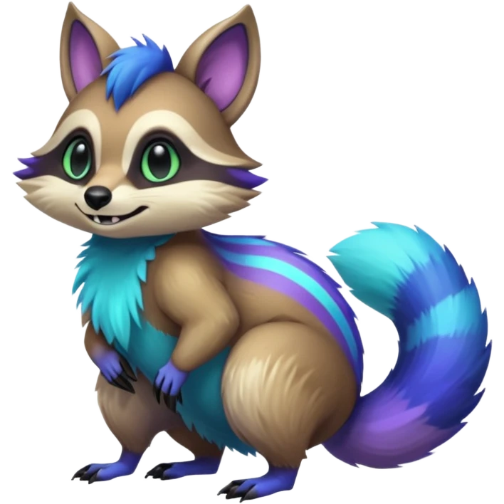 Iridescent Neon Green-Cyan-Blue-Purple-gradients Tanuki-Numbat-Sergal-fusion-hybrid-animal-creature, full body emoji