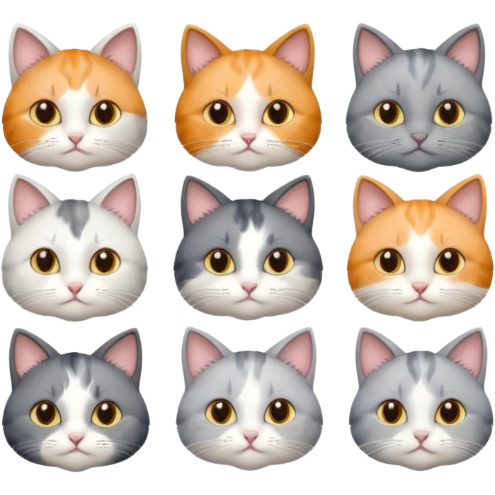 6 realistic looking cats with different natural coloured coats, assorted grey and white, greys, calico colours etc
 emoji
