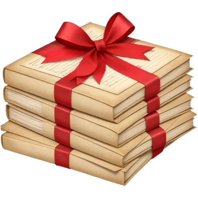 A beautifully arranged Stack of aged letters, tied with a red ribbon, envelopes, corespondence, aesthetic, red flower petals around, mails emoji