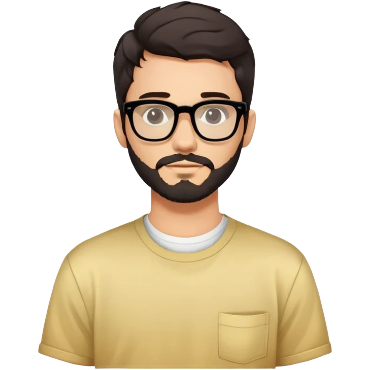 young adult man with light skin, short beard, dark wavy hair, relaxed expression, very wide rectangular glasses with thick black acetate frame and thick double bridge, retro oversized style, colorful open shirt and white t-shirt emoji