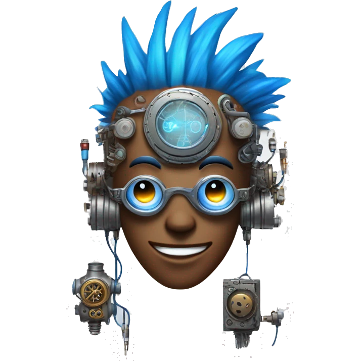 Brown cyborg head with blue Mohawk, blue beard, silver steampunk monocle goggles a smile and circuits emoji