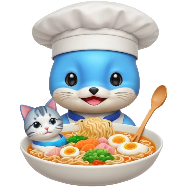 I want a dolphin on top of a cat eating ramen noodles in Japan shibuya emoji