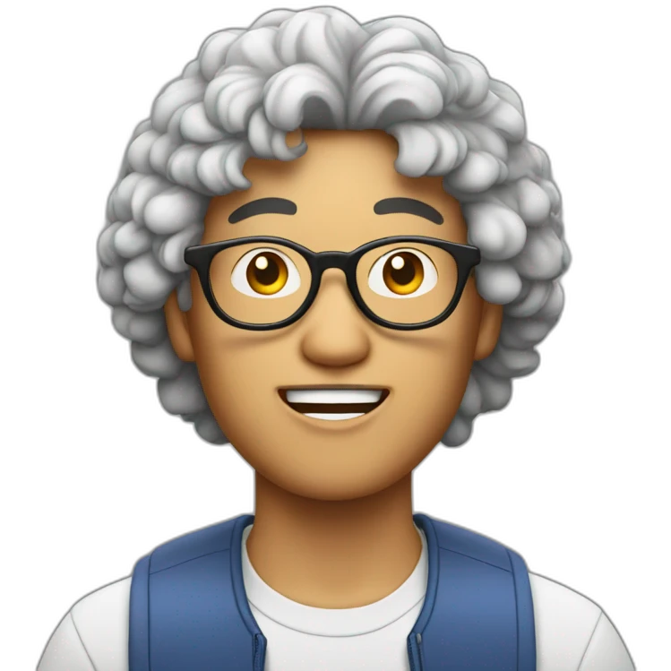 Asian man with round glasses and natural perm eating chicken emoji
