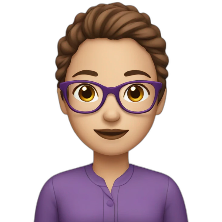 Girl with brown hair in glasses. wearing purple emoji