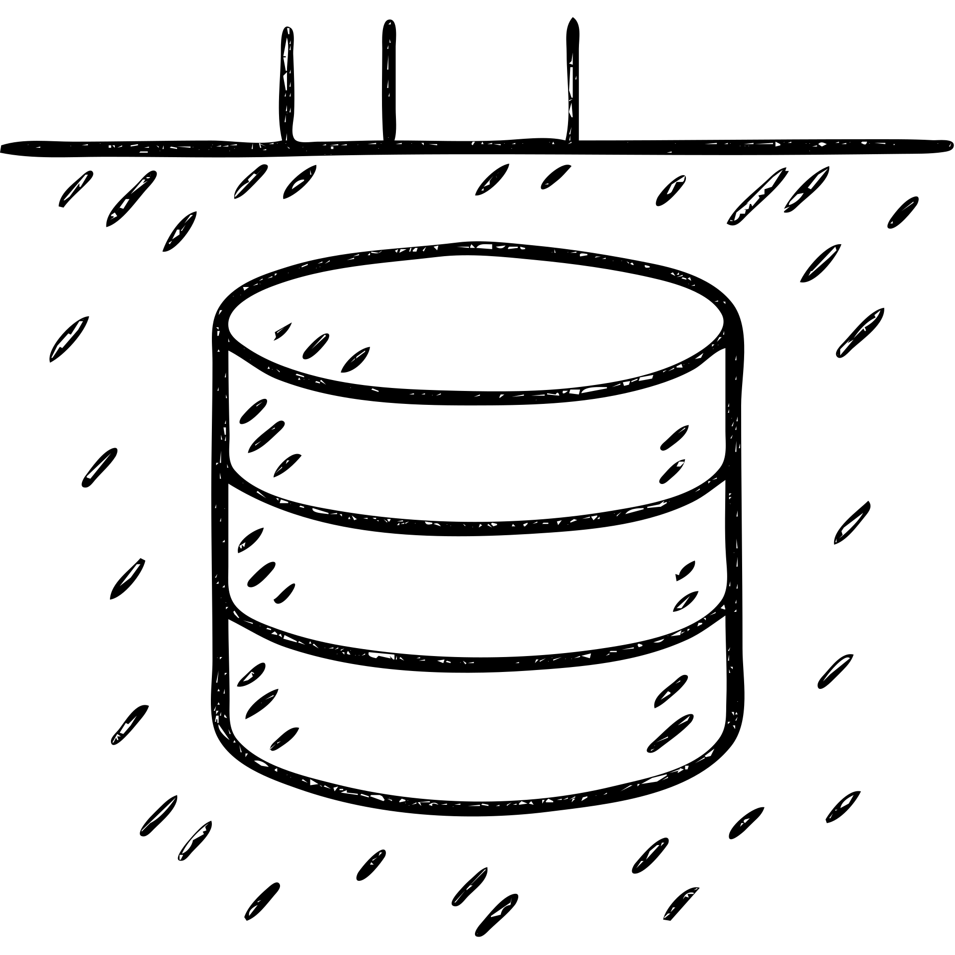 minimalist hand-drawn outlined icon of a database cylinder in a basement or underground setting, worn distressed effect emoji
