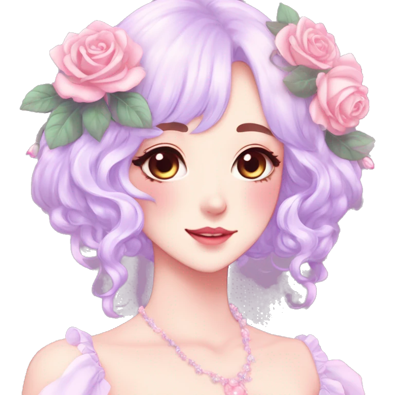 Gorgeous pastel anime style lady with blushing face and roses cottagecore fairycore pastelcore shiny colorful pearly aesthetic trending style emoji