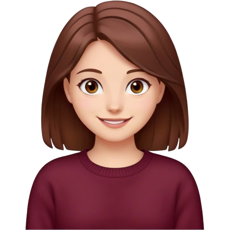 A girl with brown hair smiles, gray eyes, wearing a burgundy sweater emoji