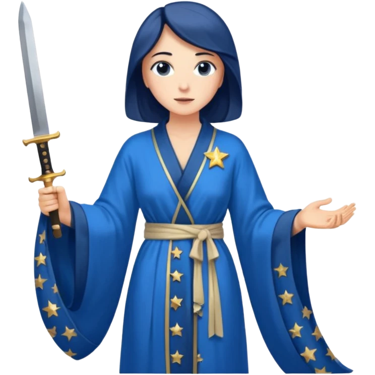 An upright Europe (a tall woman), wearing a blue, flowing robe with stars on the hem, and behind her stands Chancellor Merz, holding a knife toward her back emoji