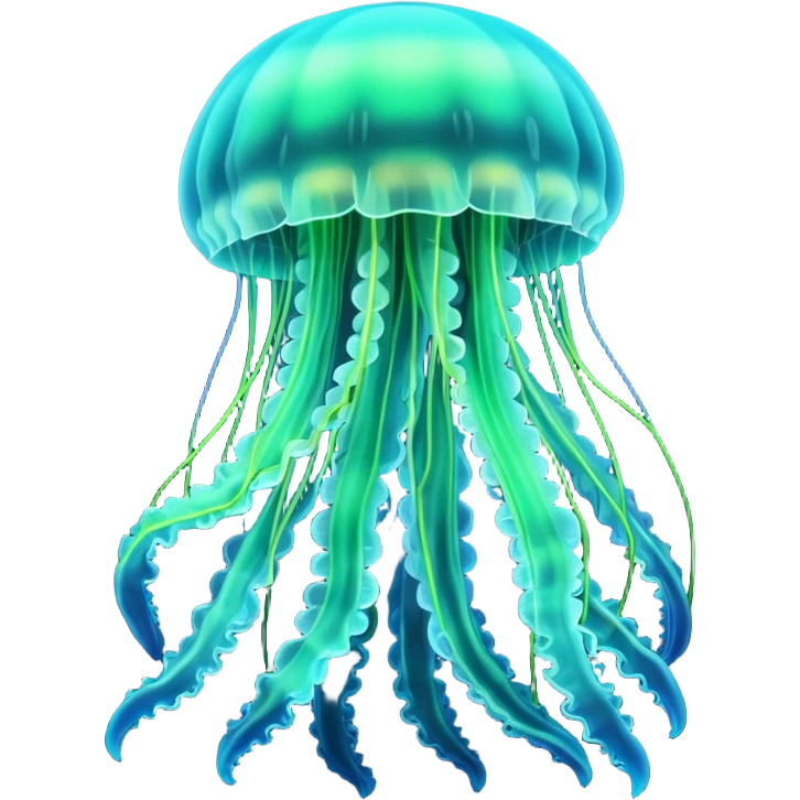 3D render of Jellyfish, bioluminescent deep sea style, glowing neon blue and green lights, dark background to contrast the glow, translucent organic textures. emoji