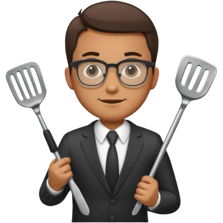 man with glasses wearing a suit and holding a grilling spatula emoji