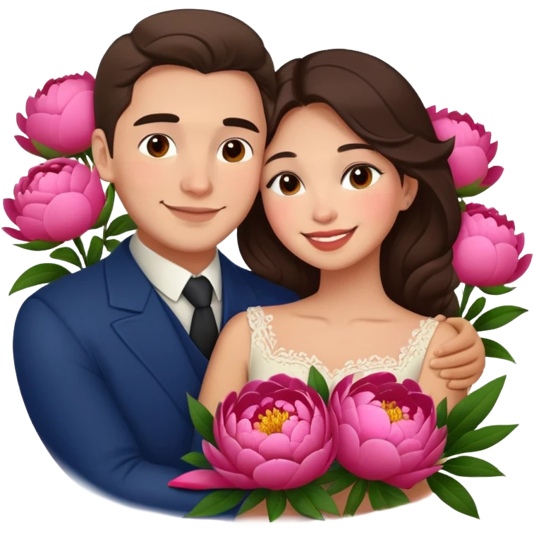 couple hug with warm smiles Latina girl and russian man elegant peonies  emoji