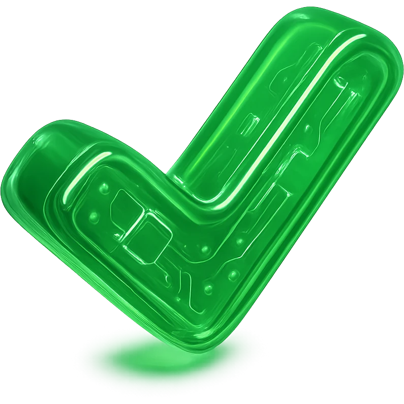 A glowing neon green cyberpunk style checkmark icon with a digital grid pattern, futuristic design emoji