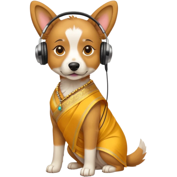 dog, saree dress with headphone, yellow emoji