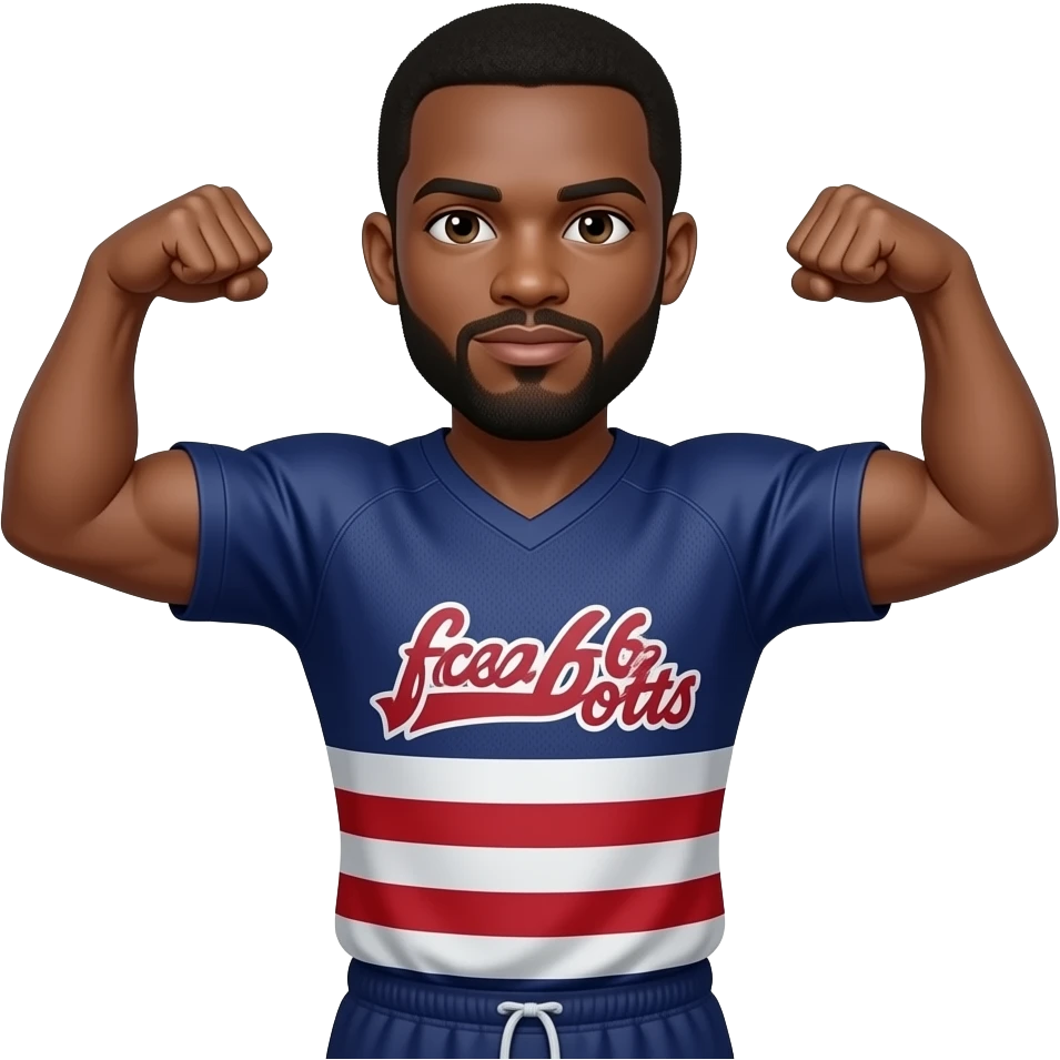 Black man with goatee double arm flex wearing fc26 tots jersey  emoji
