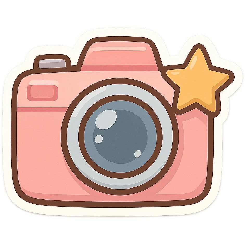 chibi sticker-style camera with a star accent, cute and exaggerated emoji