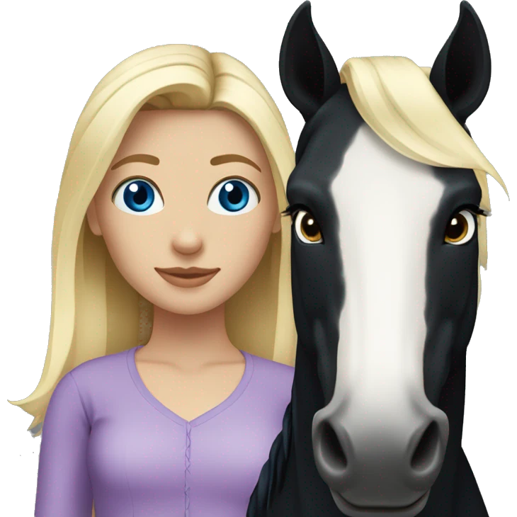 blonde girl with blue eyes and her black horse with black mane emoji