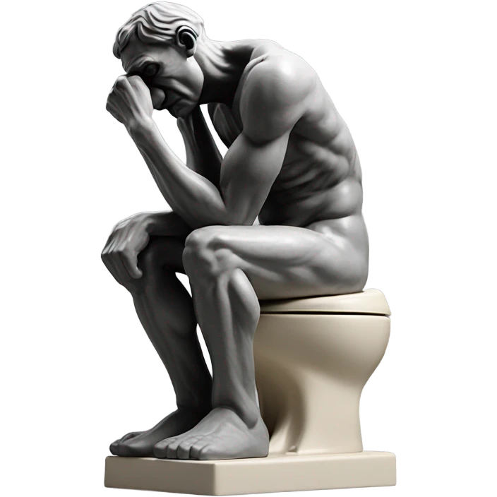 rodin sculpture the thinker but he's sitting on a toilet which is the same color as the man, and his head is resting forward on the top of his right hand emoji