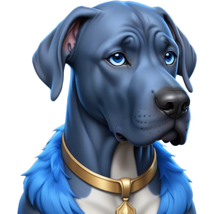 Cinematic Noble Blue Great Dane Portrait Emoji, Poised and regal, with a towering, muscular build and a sleek, well-groomed deep blue Fur, deep-set soulful steel-blue eyes, Simplified yet sharp and sophisticated features, highly detailed, glowing with a cool, dignified glow, high shine, intelligent and commanding, stylized with an air of majesty, focused and attentive, soft glowing outline, capturing the essence of a watchful and authoritative guardian, so majestic it feels as though it could stride out of the screen with effortless authority! emoji