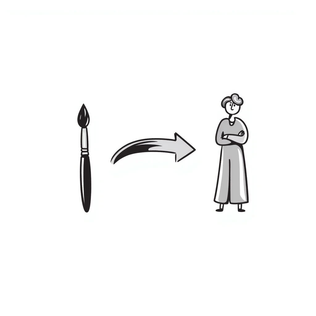 A paintbrush morphing into a silver metal human figure sculpture, representing artistic identity, with a shiny silver finish emoji