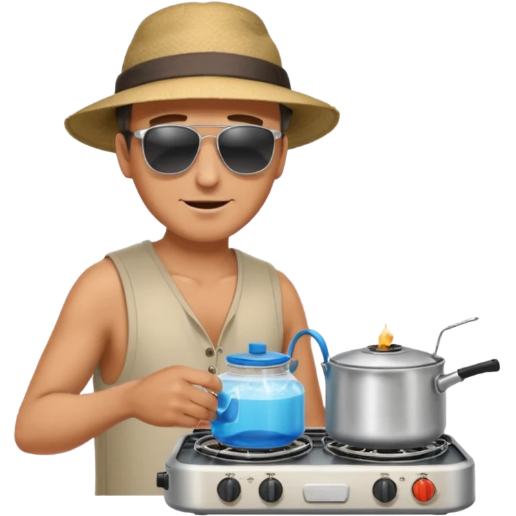 A man camper boiling water on a portable stove, enjoying the outdoor breeze.
 emoji