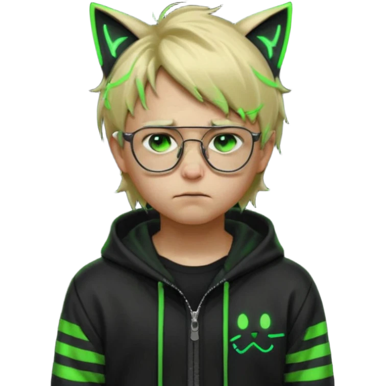 Light blond, slightly messy hair
Black glasses
A black hoodie with cat ears
Neon green details on the jacket and pants (glowing lines and stripes)
An overall hacker / cyberpunk style look
A neutral facial expression (boy )eyes brown) the hood with ears BROWN EYE BROWN EYE but sad and cry emoji