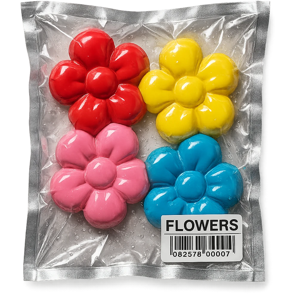 small colorful flowers, glossy and puffy, vacuum-sealed style emoji
