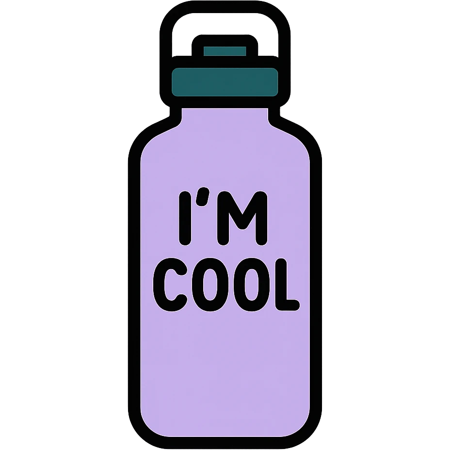 light purple STANLEY water bottle with I'M COOL written on it, minimalistic icon, focus on bottle shape and text emoji