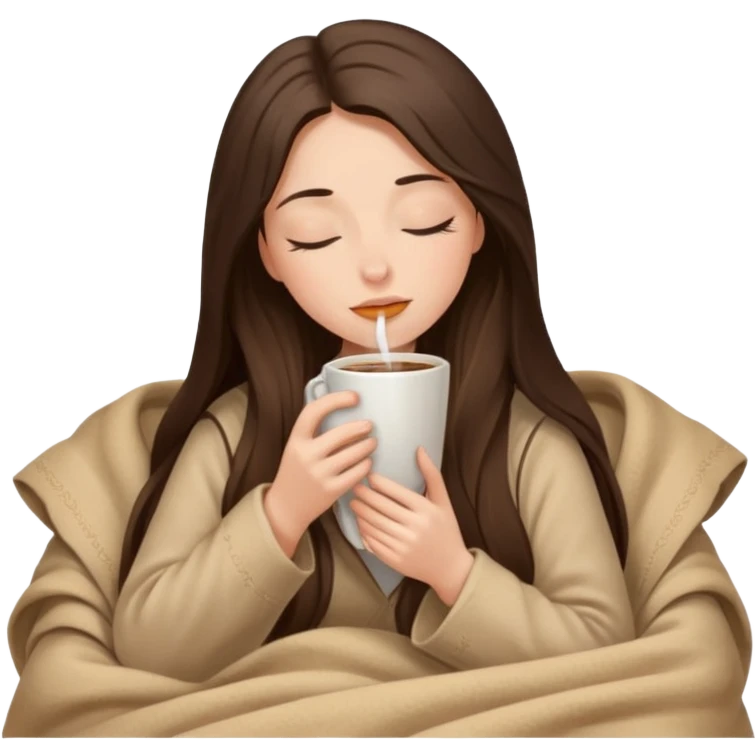 Brunette girl long hair inside a beige blanket sipping coffee eyes closed emoji