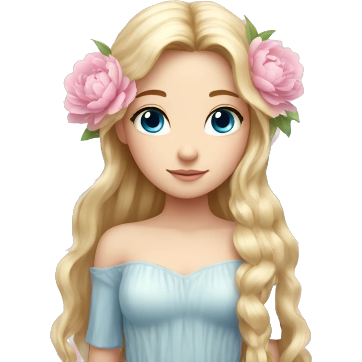 Beautiful, peony, fairy, light pink, long blond hair, big wings, fair skin, blue eyes  emoji