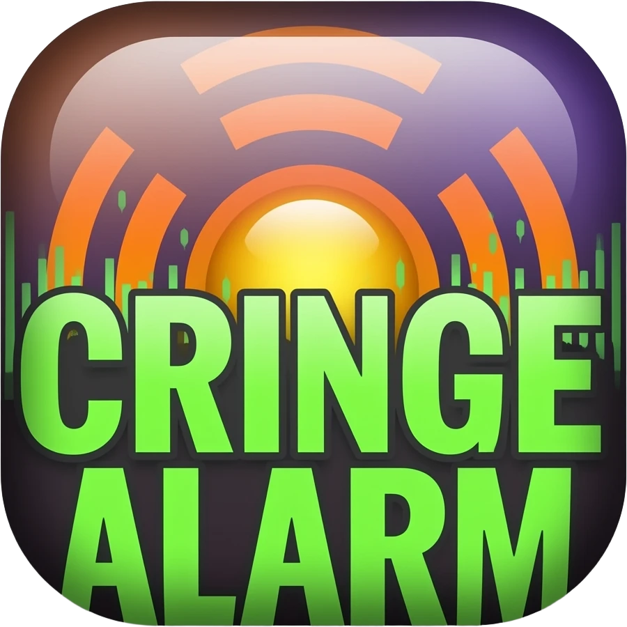 A blaring siren with visual sound effects, a label that covers the bottom half of the emoji with text "Cringe Alarm" with a very big green horror font, filled background emoji