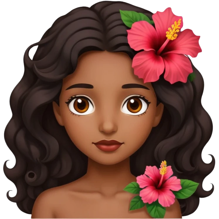 Menina parda, de olhos castanhos, cabelo preto ondulo e um hibiscus na cabeça emoji