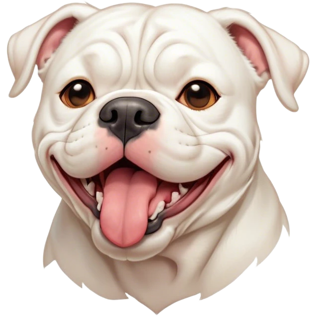Cinematic Cute Yawning White American Bulldog Portrait Emoji, Head tilted slightly with a dramatic, wide-open yawn, short white fur with a velvety texture, floppy ears slightly drooping, round brown eyes barely open in drowsy contentment, Simplified yet irresistibly adorable features, highly detailed, glowing with a soft, cozy glow, high shine, relaxed yet expressive, stylized with a touch of whimsy, bright and endearing, soft glowing outline, capturing the essence of a sleepy yet affectionate pup, so drowsy it feels like it could stretch right out of the screen and curl up for a nap! emoji