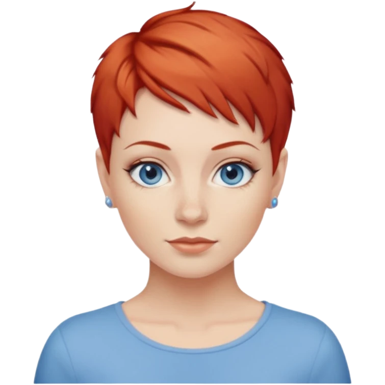27 year old white woman, red hair, pixie cut, blue eyes emoji